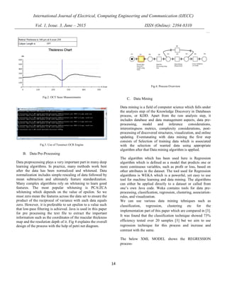 International Journal of Electrical, Computing Engineering and Communication (IJECC)
Vol. 1, Issue. 3, June – 2015 ISSN (Online): 2394-8310
14
Fig.2. OCT Scan Measurements
Fig.3. Use of Tesseract OCR Engine
B. Data Pre-Processing
Data preprocessing plays a very important part in many deep
learning algorithms. In practice, many methods work best
after the data has been normalized and whitened. Data
normalization includes simple rescaling of data followed by
mean subtraction and ultimately feature standardization.
Many complex algorithms rely on whitening to learn good
features. The most popular whitening is PCA/ZCA
whitening which depends on the value of epsilon. So we
must zero mean the features across the data set to ensure the
product of the reciprocal of variance with each data equals
zero. However, it is preferable to set epsilon to a value such
that low-pass filtering is achieved. Java is used in this paper
for pre processing the text file to extract the important
information such as the coordinates of the macular thickness
map and the resolution depth of it. Fig 4 explains the overall
design of the process with the help of petri net diagram.
Fig.4. Process Overview
C. Data Mining
Data mining is a field of computer science which falls under
the analysis step of the Knowledge Discovery in Databases
process, or KDD. Apart from the raw analysis step, it
includes database and data management aspects, data pre-
processing, model and inference considerations,
interestingness metrics, complexity considerations, post-
processing of discovered structures, visualization, and online
updating. Eventunating with data mining the first step
consists of Selection of training data which is associated
with the selection of wanted data using appropriate
algorithm after that Data mining algorithm is applied.
The algorithm which has been used here is Regression
algorithm which is defined as a model that predicts one or
more continuous variables, such as profit or loss, based on
other attributes in the dataset. The tool used for Regression
algorithms is WEKA which is a powerful, yet easy to use
tool for machine learning and data mining. The algorithms
can either be applied directly to a dataset or called from
one’s own Java code. Weka contains tools for data pre-
processing, classification, regression, clustering, association-
rules, and visualization.
We can use various data mining tehniques such as
classification, regression, clustering etc for the
implementation part of this paper which are compared in [3].
It was found that the classification technique showed 73%
efficiency tested over 20 samples [3] but we aim to use
regression technique for this process and increase and
contrast with the same.
The below XML MODEL shows the REGRESSION
process-
 