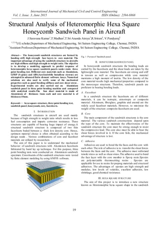 International Journal of Mechanical Civil and Control Engineering
Vol. 1, Issue. 3, June 2015 ISSN (Online): 2394-8868
19
Structural Analysis of Heteromorphic Hexa Square
Honeycomb Sandwich Panel in Aircraft
J.Saravana Kumar1
,T.Madhan2
,T.Sri Ananda Atreya3
,R.Sriram4
, V.Pandyaraj5,
1,2,3,4
UG scholar,Departmen of Mechanical Engineering, Sri Sairam Engineering College, Chennai, INDIA
5
Assistant Professor,Departmen of Mechanical Engineering, Sri Sairam Engineering College, Chennai, INDIA
Abstract— The honeycomb sandwich structures are formed by
bonding stiff, high strength face layers to core material. The
important advantage of using the sandwich structure in aircrafts
are high stiffness and high strength to weight ratio. The objective
is to develop a modeling approach to predict response of
heteromorphic hexa square sandwich panels under static three
point bending test. Different core materials such as Aluminium,
GFRP (S-glass) and ABS(Acrylonitritile butadiene styrene) are
attempted in advanced finite element software Ansys. Numerical
solutions are also used to verify some of the mechanical
properties such as panel bending stiffness and core shear stress .
Experimental results are also carried out on Aluminium
sandwich panel in three point bending machine and compared
with analytical results.The face sheet material is made of
Aluminium of thickness 1mm each and core material is of
thickness 15mm.
Keywords— hexa square structure, three point bending test,
sandwich panel, honeycomb, core, facesheets.
I. INTRODUCTION
The sandwich structures in aircraft are used mainly
because of high strength to weight ratio which results in less
fuel consumption and imparts corrosion resistance. These
structures are capable of bearing huge impact of energy.A
structural sandwich structure is composed of two thin
facesheets boded between a thick low density core. Hence,
optimum material choice is often obtained according to the
design needs . Various combinations of core and facesheet
materials are utilized by researchers.
The aim of this paper is to understand the mechanical
behavior of sandwich structures with Aluminium facesheets
fabricated by hand lay up technique. For this purpose, three
point bending tests were conducted on Aluminium sandwich
specimen. Constituents of the sandwich structures were tested
by finite element modeling by using ANSYS software.
Fig. 1 Pictureof Sandwich panel.
II. HONEYCOMB SANDWICH PANEL
In honeycomb sandwich structures the bending loads are
carried by the facesheets and the shear loads are taken by the
lightweight core material. The facesheets are strong and stiff
in tension as well as compression while core material
maintains a high moment of inertia. The low density of the
core material results high mechanical properties compared to
the monocoque structures. Therefore, sandwich panels are
proficient in bearing bending loads.
A. Facesheet
In a sandwich structure the facesheets are of different
materials, it can be isotropic, anisotropic or composite
material. Aluminum, fiberglass, graphite and aramid are the
widely used facesheet materials. However, to minimize the
weight of the structure composite facesheets are used.
B. Core
The main component of the sandwich structures is the core
material. The various sandwich constructions depend upon
the type of the core. To maintain the effectiveness of the
sandwich structure the core must be strong enough to resist
the compressive load. The core also must be able to bear the
shear forces involved in it. If the core fails, the mechanical
advantage of structure is lost.
C. Adhesive
Adhesives are used to bond the the faces and the core with
each other. The role of adhesive is to transfer the shear forces
between the faces and the core . The adhesive must withstand
tensile stress as well as shear stress.The adhesive used to bond
the face layer with the core member is Epoxy resin.Epoxies
are polymerizable thermosetting resins . Epoxies are
applicable for use in resins for prepreg materials and structural
adhesives. The advantages of epoxies are high strength and
modulus, low levels of volatiles, excellent adhesion, low
shrinkage, good chemical resistance.
III. HEXA SQUARE STRUCTURE
The aim of this project is to introduce a new structure
known as Heteromorphic hexa square shape in the sandwich
 