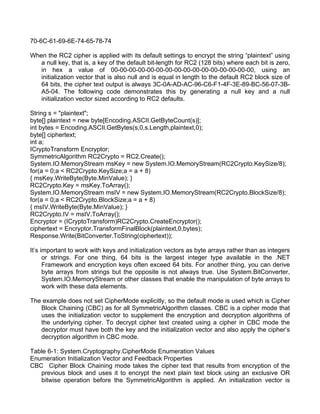 70-6C-61-69-6E-74-65-78-74 
When the RC2 cipher is applied with its default settings to encrypt the string “plaintext” using 
a null key, that is, a key of the default bit-length for RC2 (128 bits) where each bit is zero, 
in hex a value of 00-00-00-00-00-00-00-00-00-00-00-00-00-00-00-00, using an 
initialization vector that is also null and is equal in length to the default RC2 block size of 
64 bits, the cipher text output is always 3C-0A-AD-AC-96-C6-F1-4F-3E-89-BC-56-07-3B-A5- 
04. The following code demonstrates this by generating a null key and a null 
initialization vector sized according to RC2 defaults. 
String s = "plaintext"; 
byte[] plaintext = new byte[Encoding.ASCII.GetByteCount(s)]; 
int bytes = Encoding.ASCII.GetBytes(s,0,s.Length,plaintext,0); 
byte[] ciphertext; 
int a; 
ICryptoTransform Encryptor; 
SymmetricAlgorithm RC2Crypto = RC2.Create(); 
System.IO.MemoryStream msKey = new System.IO.MemoryStream(RC2Crypto.KeySize/8); 
for(a = 0;a < RC2Crypto.KeySize;a = a + 8) 
{ msKey.WriteByte(Byte.MinValue); } 
RC2Crypto.Key = msKey.ToArray(); 
System.IO.MemoryStream msIV = new System.IO.MemoryStream(RC2Crypto.BlockSize/8); 
for(a = 0;a < RC2Crypto.BlockSize;a = a + 8) 
{ msIV.WriteByte(Byte.MinValue); } 
RC2Crypto.IV = msIV.ToArray(); 
Encryptor = (ICryptoTransform)RC2Crypto.CreateEncryptor(); 
ciphertext = Encryptor.TransformFinalBlock(plaintext,0,bytes); 
Response.Write(BitConverter.ToString(ciphertext)); 
It’s important to work with keys and initialization vectors as byte arrays rather than as integers 
or strings. For one thing, 64 bits is the largest integer type available in the .NET 
Framework and encryption keys often exceed 64 bits. For another thing, you can derive 
byte arrays from strings but the opposite is not always true. Use System.BitConverter, 
System.IO.MemoryStream or other classes that enable the manipulation of byte arrays to 
work with these data elements. 
The example does not set CipherMode explicitly, so the default mode is used which is Cipher 
Block Chaining (CBC) as for all SymmetricAlgorithm classes. CBC is a cipher mode that 
uses the initialization vector to supplement the encryption and decryption algorithms of 
the underlying cipher. To decrypt cipher text created using a cipher in CBC mode the 
decryptor must have both the key and the initialization vector and also apply the cipher’s 
decryption algorithm in CBC mode. 
Table 6-1: System.Cryptography.CipherMode Enumeration Values 
Enumeration Initialization Vector and Feedback Properties 
CBC Cipher Block Chaining mode takes the cipher text that results from encryption of the 
previous block and uses it to encrypt the next plain text block using an exclusive OR 
bitwise operation before the SymmetricAlgorithm is applied. An initialization vector is 
 