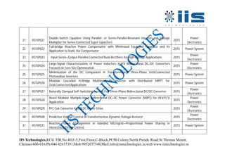 IIS Technologies,KCG TBI,No:40,F-5,First Floor,C-Block,PCM Colony,North Parade Road,St.Thomas Mount,
Chennai-600-016.Ph:044 42637391,Mob:9952077540,Mail:info@iistechnologies.in,web:www.iistechnologies.in
21 IIS15P021
Double-Switch Equalizer Using Parallel- or Series-Parallel-Resonant Inverter and Voltage
Multiplier for Series-Connected Super capacitors
2015
Power
Electronics
22 IIS15P022
Full-bridge Reactive Power Compensator with Minimized Equipped Capacitor and its
Application to Static Var Compensator
2015 Power System
23 IIS15P023 Input-Series–Output-Parallel-Connected Buck Rectifiers for High-Voltage Applications 2015
Power
Electronics
24 IIS15P024
Large-Signal Characterization of Power Inductors in EV Bidirectional DC–DC Converters
Focused on Core Size Optimization
2015
Power
Electronics
25 IIS15P025
Minimization of the DC Component in Transformerless Three-Phase Grid-Connected
Photovoltaic Inverters
2015 Power System
26 IIS15P026
Modular Cascaded H-Bridge Multilevel PV Inverter with Distributed MPPT for
Grid-Connected Applications
2015 Power System
27 IIS15P027 Naturally Clamped Soft-Switching Current-Fed Three-Phase Bidirectional DC/DC Converter 2015
Power
Electronics
28 IIS15P028
Novel Modular Multiple-Input Bidirectional DC–DC Power Converter (MIPC) for HEV/FCV
Application
2015
Power
Electronics
29 IIS15P029 PFC Cuk Converter-Fed BLDC Motor Drive 2015
Power
Electronics
30 IIS15P030 Predictive Voltage Control of Transformerless Dynamic Voltage Restorer 2015
Power
Electronics
31 IIS15P031
Reactive Power Management in Islanded Microgrid—Proportional Power Sharing in
Hierarchical Droop Control
2015 Power System
 