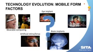 TECHNOLOGY EVOLUTION: MOBILE FORM
FACTORS
Brain implants
Eye implant
Artificial retina/lense
Wearable computing
 