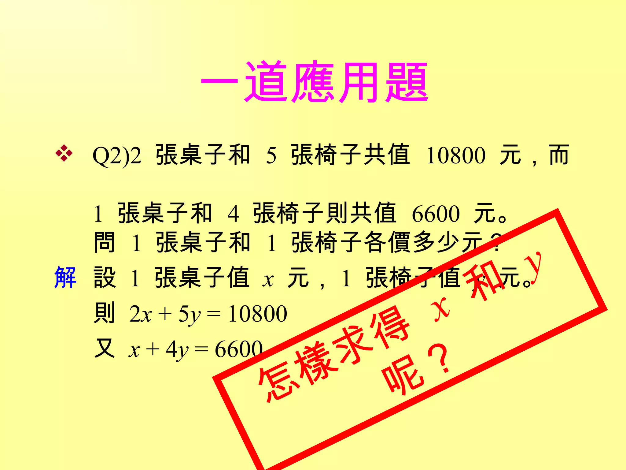 一道應用題 Q2)2  張桌子和  5  張椅子共值  10800  元，而  1  張桌子和  4  張椅子則共值  6600  元。 問  1  張桌子和  1  張椅子各價多少元？ 設  1  張桌子值  x   元， 1  張椅子值  y   元。 則  2 x  + 5 y  = 10800 又  x  + 4 y  = 6600 怎樣求得  x   和  y   呢？ 
