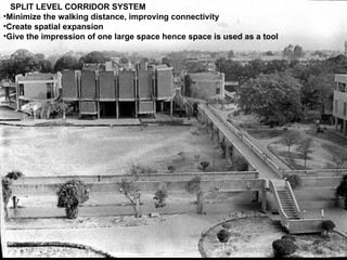 SPLIT LEVEL CORRIDOR SYSTEM
•Minimize the walking distance, improving connectivity
•Create spatial expansion
•Give the impression of one large space hence space is used as a tool
 