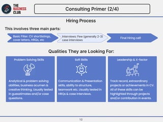 Consulting Primer (2/4)

Hiring Process
Qualities They are Looking For:
Basic Filter: CV shortlistings,
cover letters, HRQ...