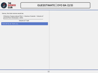 GUESSTIMATE | OYO BA (2/3)

Hence, the total volume would be:




That will be all, thank you.
Volume of 1 ball
((Volume o...