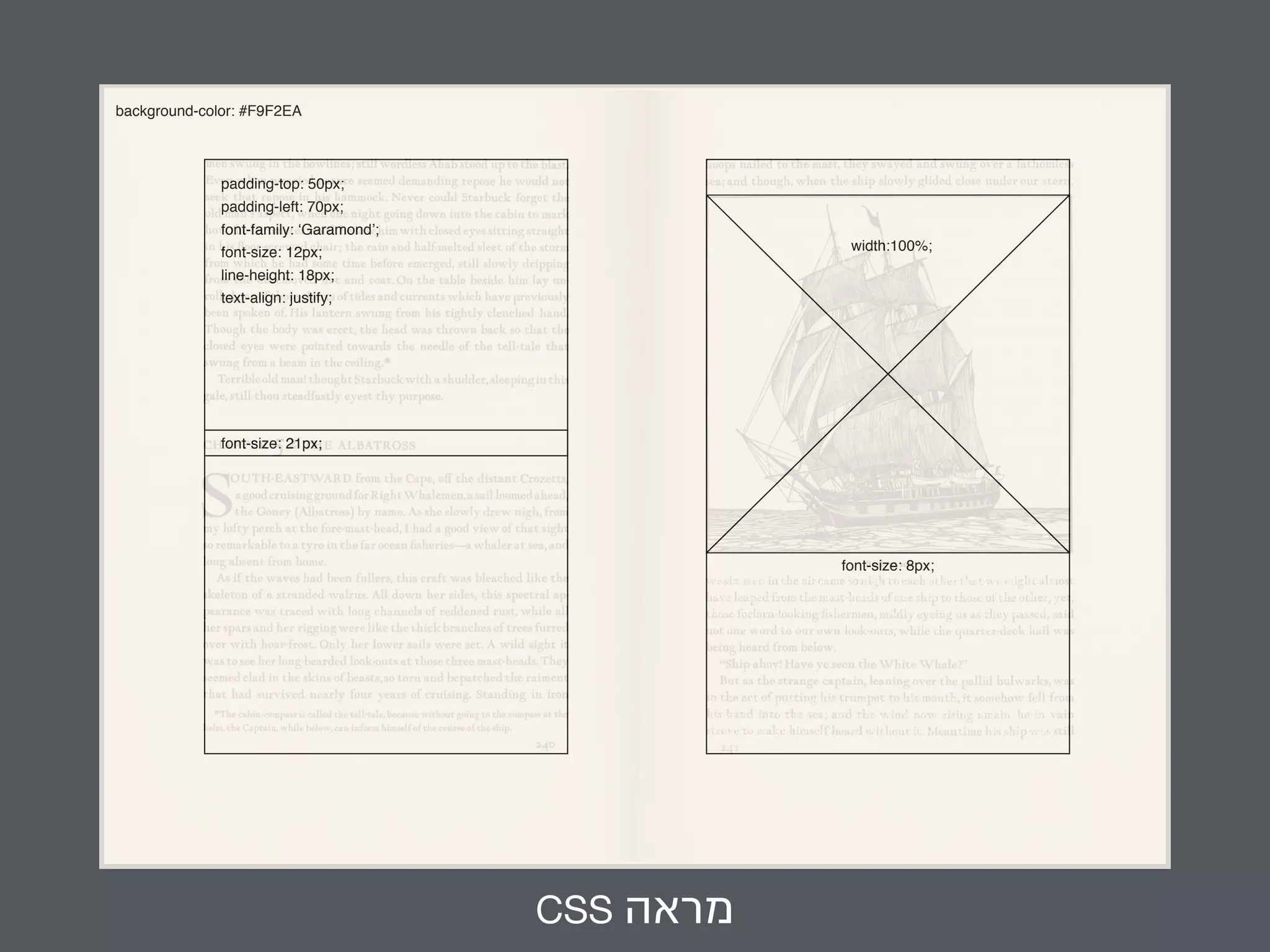 we six men in the air came so nigh to each other that we might almost 
have leaped from the mast-heads of one ship to those of the other; yet, 
those forlorn-looking fishermen, mildly eyeing us as they passed, said 
not one word to our own look-outs, while the quarter- deck hail was 
being heard from below. 
"Ship ahoy! Have ye seen the White Whale?" 
But as the strange captain, leaning over the pallid bulwarks, was in the 
act of putting his trumpet to his mouth, it somehow fell from his hand 
into the sea; and the wind now rising amain, he in vain strove to make 
himself heard without it. Meantime his ship was still 
CSS מראה 
background-color: #F9F2EA 
padding-top: 50px; 
padding-left: 70px; 
font-family: ‘Garamond’; 
font-size: 12px; 
line-height: 18px; 
text-align: justify; 
width:100%; 
font-size: 21px; 
font-size: 8px; 
 