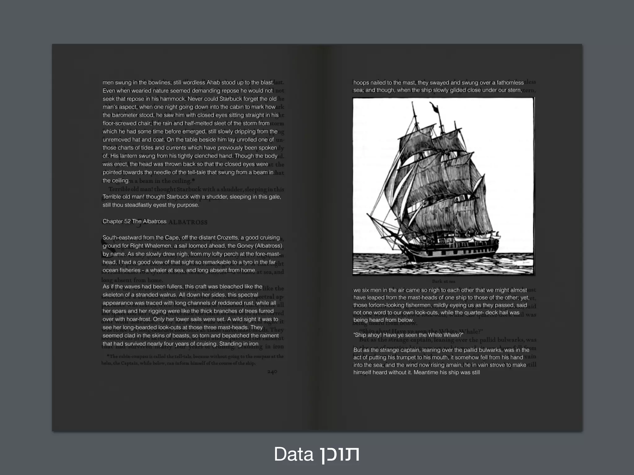 men swung in the bowlines; still wordless Ahab stood up to the blast. 
Even when wearied nature seemed demanding repose he would not 
seek that repose in his hammock. Never could Starbuck forget the old 
man's aspect, when one night going down into the cabin to mark how 
the barometer stood, he saw him with closed eyes sitting straight in his 
floor-screwed chair; the rain and half-melted sleet of the storm from 
which he had some time before emerged, still slowly dripping from the 
unremoved hat and coat. On the table beside him lay unrolled one of 
those charts of tides and currents which have previously been spoken 
of. His lantern swung from his tightly clenched hand. Though the body 
was erect, the head was thrown back so that the closed eyes were 
pointed towards the needle of the tell-tale that swung from a beam in 
the ceiling. 
Terrible old man! thought Starbuck with a shudder, sleeping in this gale, 
still thou steadfastly eyest thy purpose. 
Chapter 52 The Albatross 
South-eastward from the Cape, off the distant Crozetts, a good cruising 
ground for Right Whalemen, a sail loomed ahead, the Goney (Albatross) 
by name. As she slowly drew nigh, from my lofty perch at the fore-mast-head, 
I had a good view of that sight so remarkable to a tyro in the far 
ocean fisheries - a whaler at sea, and long absent from home. 
As if the waves had been fullers, this craft was bleached like the 
skeleton of a stranded walrus. All down her sides, this spectral 
appearance was traced with long channels of reddened rust, while all 
her spars and her rigging were like the thick branches of trees furred 
over with hoar-frost. Only her lower sails were set. A wild sight it was to 
see her long-bearded look-outs at those three mast-heads. They 
seemed clad in the skins of beasts, so torn and bepatched the raiment 
that had survived nearly four years of cruising. Standing in iron 
hoops nailed to the mast, they swayed and swung over a fathomless 
sea; and though, when the ship slowly glided close under our stern, 
we six men in the air came so nigh to each other that we might almost 
have leaped from the mast-heads of one ship to those of the other; yet, 
those forlorn-looking fishermen, mildly eyeing us as they passed, said 
not one word to our own look-outs, while the quarter- deck hail was 
being heard from below. 
"Ship ahoy! Have ye seen the White Whale?" 
But as the strange captain, leaning over the pallid bulwarks, was in the 
act of putting his trumpet to his mouth, it somehow fell from his hand 
into the sea; and the wind now rising amain, he in vain strove to make 
himself heard without it. Meantime his ship was still 
Data תוכן 
 
