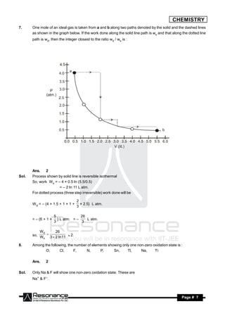 CHEMISTRY
7.     One mole of an ideal gas is taken from a and b along two paths denoted by the solid and the dashed lines
       as shown in the graph below. If the work done along the solid line path is ws and that along the dotted line
       path is wd, then the integer closest to the ratio wd / ws is :




       Ans.    2
Sol.   Process shown by solid line is reversible isothermal
       So, work W s = – 4 × 0.5 ln (5.5/0.5)
                       = – 2 ln 11 L atm.
       For dotted process (three step irreversible) work done will be

                                    2
       W d = – {4 × 1.5 + 1 × 1 +
                                    3
                                      × 2.5} L atm.


                      5              26
       = – {6 + 1 +     } L atm. = –    L atm.
                      3               3

           Wd      26
       so, W  3  2 ln 11  2.
            s

8.     Among the following, the number of elements showing only one non-zero oxidation state is :
              O,       Cl,     F,     N,      P,      Sn,     Tl,     Na,     Ti

       Ans.    2

Sol.   Only Na & F will show one non-zero oxidation state. These are
       Na+ & F–.



        RESONANCE                                                                                   Page # 7
 