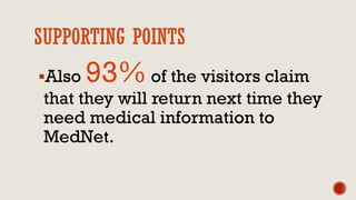 SUPPORTING POINTS
Also 93%of the visitors claim
that they will return next time they
need medical information to
MedNet.
 