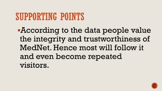 SUPPORTING POINTS
According to the data people value
the integrity and trustworthiness of
MedNet. Hence most will follow it
and even become repeated
visitors.
 