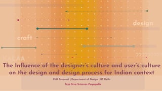 KALAA
design
?????????
craft
Teja Siva Srinivas Payapalle
PhD Proposal | Department of Design | IIT Delhi
The Inﬂuence of the designer’s culture and user’s culture
on the design and design process for Indian context
 