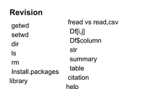Revision
getwd
setwd
dir
ls
rm
Install.packages
library
fread vs read,csv
Df[i,j]
Df$column
str
summary
table
citation
help
 