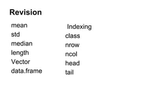 Revision
mean
std
median
length
Vector
data.frame
Indexing
class
nrow
ncol
head
tail
 