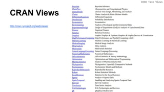 CRAN Views
http://cran.r-project.org/web/views/
 