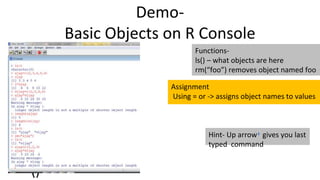 Demo-
Basic Objects on R Console
• +
• -
• Log
• Exp
• *
• /
• ()
Hint- Up arrow gives you last
typed command
Functions-
ls() – what objects are here
rm(“foo”) removes object named foo
Assignment
Using = or -> assigns object names to values
 
