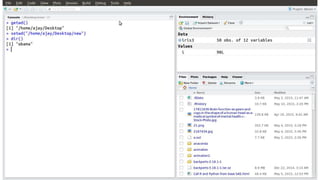 File System
getwd()- get working directory
setwd()- set or change working directory
dir() - lists files in working directory
 