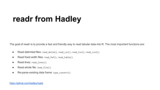 readr from Hadley
The goal of readr is to provide a fast and friendly way to read tabular data into R. The most important functions are:
● Read delimited files: read_delim(), read_csv(), read_tsv(), read_csv2().
● Read fixed width files: read_fwf(), read_table().
● Read lines: read_lines().
● Read whole file: read_file().
● Re-parse existing data frame: type_convert().
https://github.com/hadley/readr
 