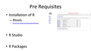 Pre Requisites
• Installation of R
– Rtools
– http://cran.rstudio.com/bin/windows/Rtools/
• R Studio
• R Packages
 