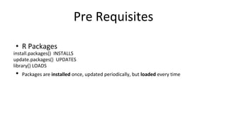 Pre Requisites
• R Packages
install.packages() INSTALLS
update.packages() UPDATES
library() LOADS
• Packages are installed once, updated periodically, but loaded every time
 