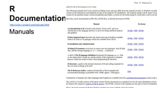 R
Documentation
http://cran.r-project.org/manuals.html
Manuals
 