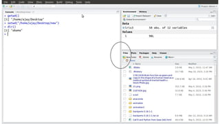 File System
getwd()- get working directory
setwd()- set or change working directory
dir() - lists files in working directory
 