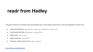 readr from Hadley
The goal of readr is to provide a fast and friendly way to read tabular data into R. The most important functions are:
● Read delimited files: read_delim(), read_csv(), read_tsv(), read_csv2().
● Read fixed width files: read_fwf(), read_table().
● Read lines: read_lines().
● Read whole file: read_file().
● Re-parse existing data frame: type_convert().
https://github.com/hadley/readr
 