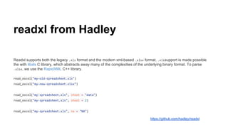 readxl from Hadley
Readxl supports both the legacy .xls format and the modern xml-based .xlsx format. .xlssupport is made possible
the with libxls C library, which abstracts away many of the complexities of the underlying binary format. To parse
.xlsx, we use the RapidXML C++ library.
read_excel("my-old-spreadsheet.xls")
read_excel("my-new-spreadsheet.xlsx")
read_excel("my-spreadsheet.xls", sheet = "data")
read_excel("my-spreadsheet.xls", sheet = 2)
read_excel("my-spreadsheet.xls", na = "NA")
https://github.com/hadley/readxl
 