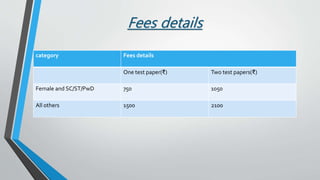 category Fees details
One test paper(₹) Two test papers(₹)
Female and SC/ST/PwD 750 1050
All others 1500 2100
Fees details
 
