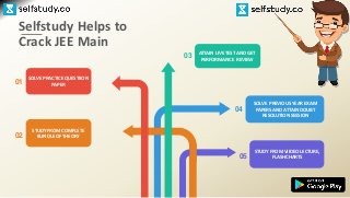 Selfstudy Helps to
Crack JEE Main
STUDY FROM COMPLETE
BUNDLE OF THEORY02
STUDY FROM VIIDEO LECTURE,
FLASHCHARTS05
SOLVE PRACTICE QUESTIION
PAPER
SOLVE PREVIOUS YEAR EXAM
PAPERS AND ATTAIN DOUBT
RESOLUTION SESSION
04
ATTAIN LIVE TEST AND GET
PERFORMANCE REVIEW
03
01
 