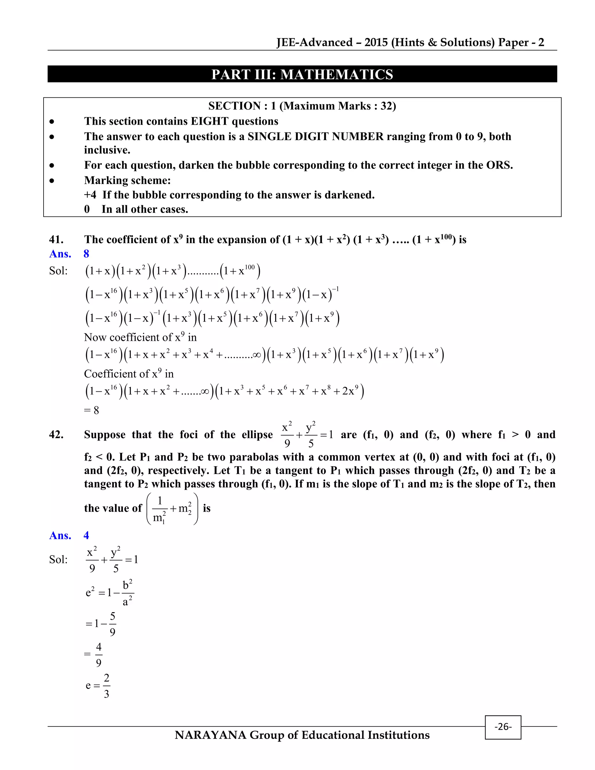 IIT JEE adv-2015 question paper-2, hints & solutions | PDF