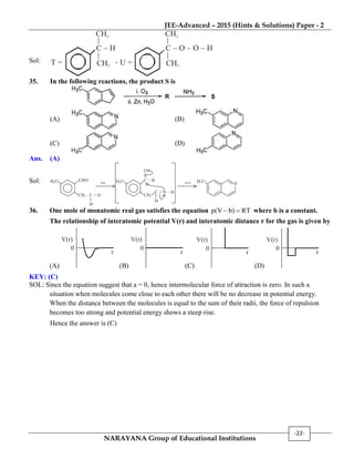 JEE-Advanced – 2015 (Hints & Solutions) Paper - 2
NARAYANA Group of Educational Institutions
-22-
Sol:
C – H
CH3
T = CH3
,
C – O – O – H
CH3
U = CH3
35. In the following reactions, the product S is
(A) (B)
(C) (D)
Ans. (A)
Sol: CHO C – HH C3 H C3
CH – C = O2 CH2
H
H
O
C = N – H
..
H C3
N–H O2NH3
36. One mole of monatomic real gas satisfies the equation p(V b) RT  where b is a constant.
The relationship of interatomic potential V(r) and interatomic distance r for the gas is given by
(A)
V(r)
0
r
(B)
V(r)
0
r
(C)
V(r)
0
r
(D)
V(r)
0
r
KEY: (C)
SOL: Since the equation suggest that a = 0, hence intermolecular force of attraction is zero. In such a
situation when molecules come close to each other there will be no decrease in potential energy.
When the distance between the molecules is equal to the sum of their radii, the force of repulsion
becomes too strong and potential energy shows a steep rise.
Hence the answer is (C)
 