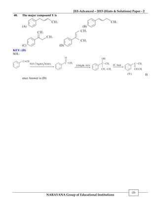 JEE-Advanced – 2015 (Hints & Solutions) Paper - 2
NARAYANA Group of Educational Institutions
-25-
40. The major compound Y is
(A)
H3C
(B)
H3C
(C)
H3C
H2C
(D)
H3C
H3C
KEY: (D)
SOL:
H2O HgSO4 2 4, H SO
EtMgBr, H O2
C CH
C CH3
O
C CH3
OH
CH3
CH2
H , heat
+ C CH3
CH3
CH
(Y) H
ence Answer is (D)
 