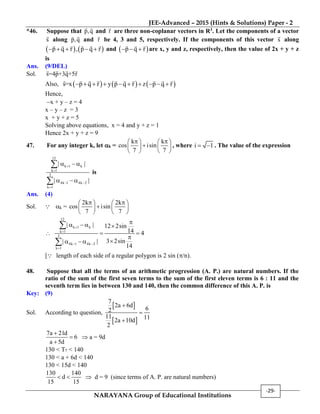JEE-Advanced – 2015 (Hints & Solutions) Paper - 2
NARAYANA Group of Educational Institutions
-29-
*46. Suppose that p,q and r are three non-coplanar vectors in R3. Let the components of a vector
s along p,q and r be 4, 3 and 5, respectively. If the components of this vector s along
   p q r , p q r     and  p q r   are x, y and z, respectively, then the value of 2x + y + z
is
Ans. (9/DEL)
Sol. s=4p+3q+5r
Also,      s=x p q r y p q r z p q r         
Hence,
x + y – z = 4
x – y – z = 3
x + y + z = 5
Solving above equations, x = 4 and y + z = 1
Hence 2x + y + z = 9
47. For any integer k, let k =
k k
cos isin
7 7
    
   
   
, where i 1  . The value of the expression
12
k 1 k
k 1
3
4k 1 4k 2
k 1
| |
| |


 

  
  


is
Ans. (4)
Sol. k =
2k 2k
cos isin
7 7
    
   
   

12
k 1 k
k 1
3
4k 1 4k 2
k 1
| | 12 2sin
14 4
3 2sin| |
14


 

  
 

 


[ length of each side of a regular polygon is 2 sin (/n).
48. Suppose that all the terms of an arithmetic progression (A. P.) are natural numbers. If the
ratio of the sum of the first seven terms to the sum of the first eleven terms is 6 : 11 and the
seventh term lies in between 130 and 140, then the common difference of this A. P. is
Key: (9)
Sol. According to question,
 
 
7
2a 6d
62
11 112a 10d
2



7a 21d
6
a 5d



 a = 9d
130 < T7 < 140
130 < a + 6d < 140
130 < 15d < 140
130 140
d
15 15
   d = 9 (since terms of A. P. are natural numbers)
 
