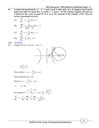JEE-Advanced – 2015 (Hints & Solutions) Paper - 2
NARAYANA Group of Educational Institutions
-32-
52. Consider the hyperbola H : x2 – y2 = 1 and a circle S with centre N(x2, 0). Suppose that H and S
touch each other at a point P(x1, y1) with x1 > 1 and y1 > 0. The common tangent to H and S at
P intersects the x-axis at point M. If (l, m) is the centroid of the triangle PMN then the
correct expression (s) is (are)
(A) 12
1 1
d 1
1 for x 1
dx 3x
  
l
(B)
 1
1
1
2
1
xdm
for x 1
dx 3 x 1
 

(C) 12
1 1
d 1
1 for x 1
dx 3x
  
l
(D) 1
1
dm 1
for y 0
dy 3
 
Ans. (A, B, D)
Sol: Tangent at P (x1, y1) is xx1 – yy1 = 1
P
(x y )1 1
M N(x , 0)2
1
M ,0
x
 
 
 
Now normal  1
1 1
1
y
y y x x
x
   
Passes through  2N x ,0
Hence  1
1 2 1
1
y
0 y x x
x
   
 2 1x 2x
For centroid
21 1
11 1
1
x 2x
x 1x y
, m
3 3 3
 

  l
1
2 2
1 1 1 1 1
xd 1 dm 1 dm
1 , ,
dx 3x dy 3 dx 3 x 1
   

l
 
