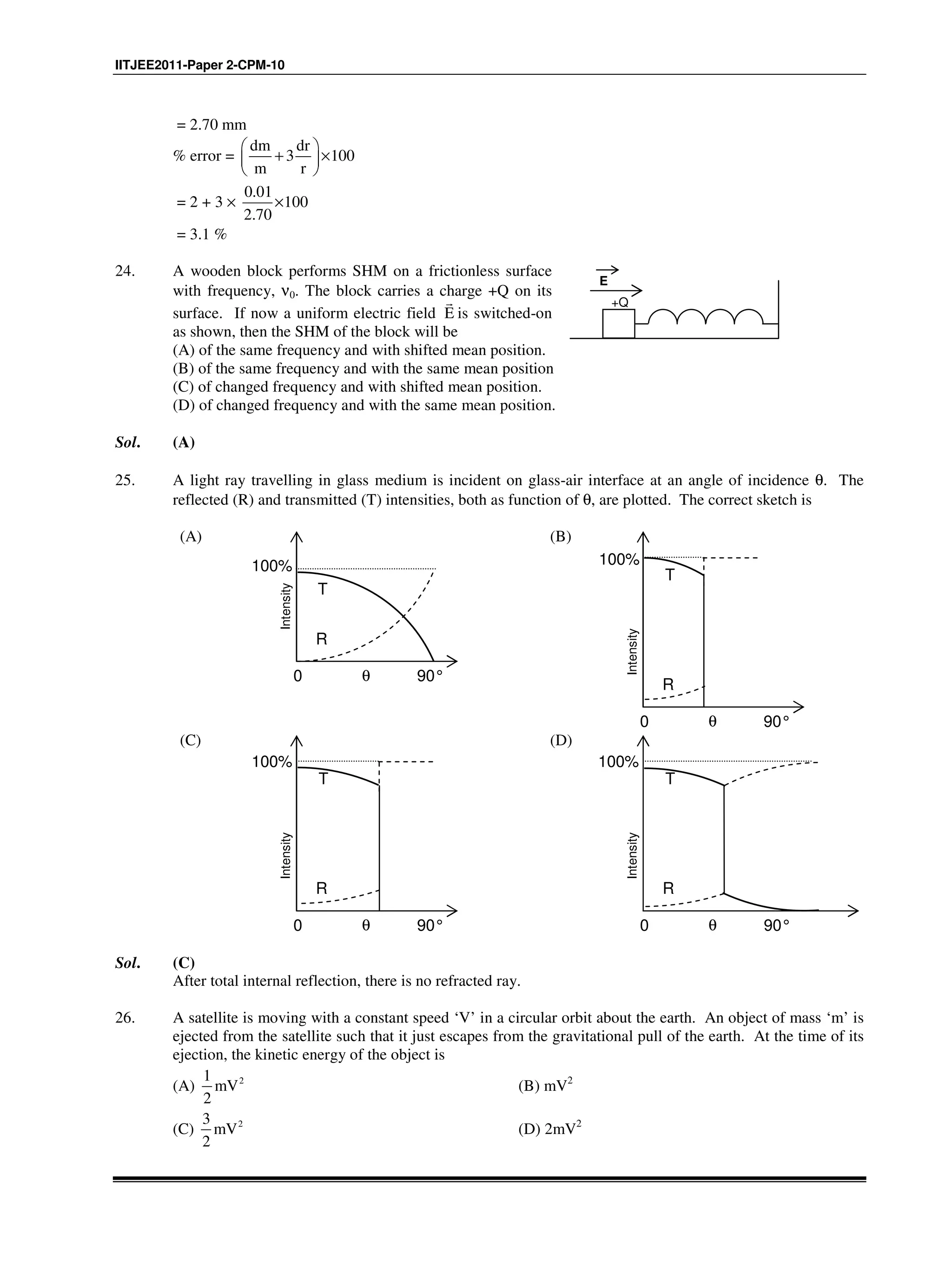 IITJEE2011-Paper 2-CPM-10
= 2.70 mm
% error =
dm dr
3 100
m r
 
+ × 
 
= 2 + 3 ×
0.01
100
2.70
×
= 3.1 %
24. A wooden block performs SHM on a frictionless surface
with frequency, ν0. The block carries a charge +Q on its
surface. If now a uniform electric field E
?
is switched-on
as shown, then the SHM of the block will be
+Q
E
(A) of the same frequency and with shifted mean position.
(B) of the same frequency and with the same mean position
(C) of changed frequency and with shifted mean position.
(D) of changed frequency and with the same mean position.
Sol. (A)
25. A light ray travelling in glass medium is incident on glass-air interface at an angle of incidence θ. The
reflected (R) and transmitted (T) intensities, both as function of θ, are plotted. The correct sketch is
(A)
T
Intensity
R
0 90°
100%
θ
(B)
Intensity
R
0 90°
100%
θ
T
(C)
Intensity
R
0 90°
100%
θ
T
(D)
Intensity
R
0 90°
100%
θ
T
Sol. (C)
After total internal reflection, there is no refracted ray.
26. A satellite is moving with a constant speed ‘V’ in a circular orbit about the earth. An object of mass ‘m’ is
ejected from the satellite such that it just escapes from the gravitational pull of the earth. At the time of its
ejection, the kinetic energy of the object is
(A) 21
mV
2
(B) mV2
(C) 23
mV
2
(D) 2mV2
 
