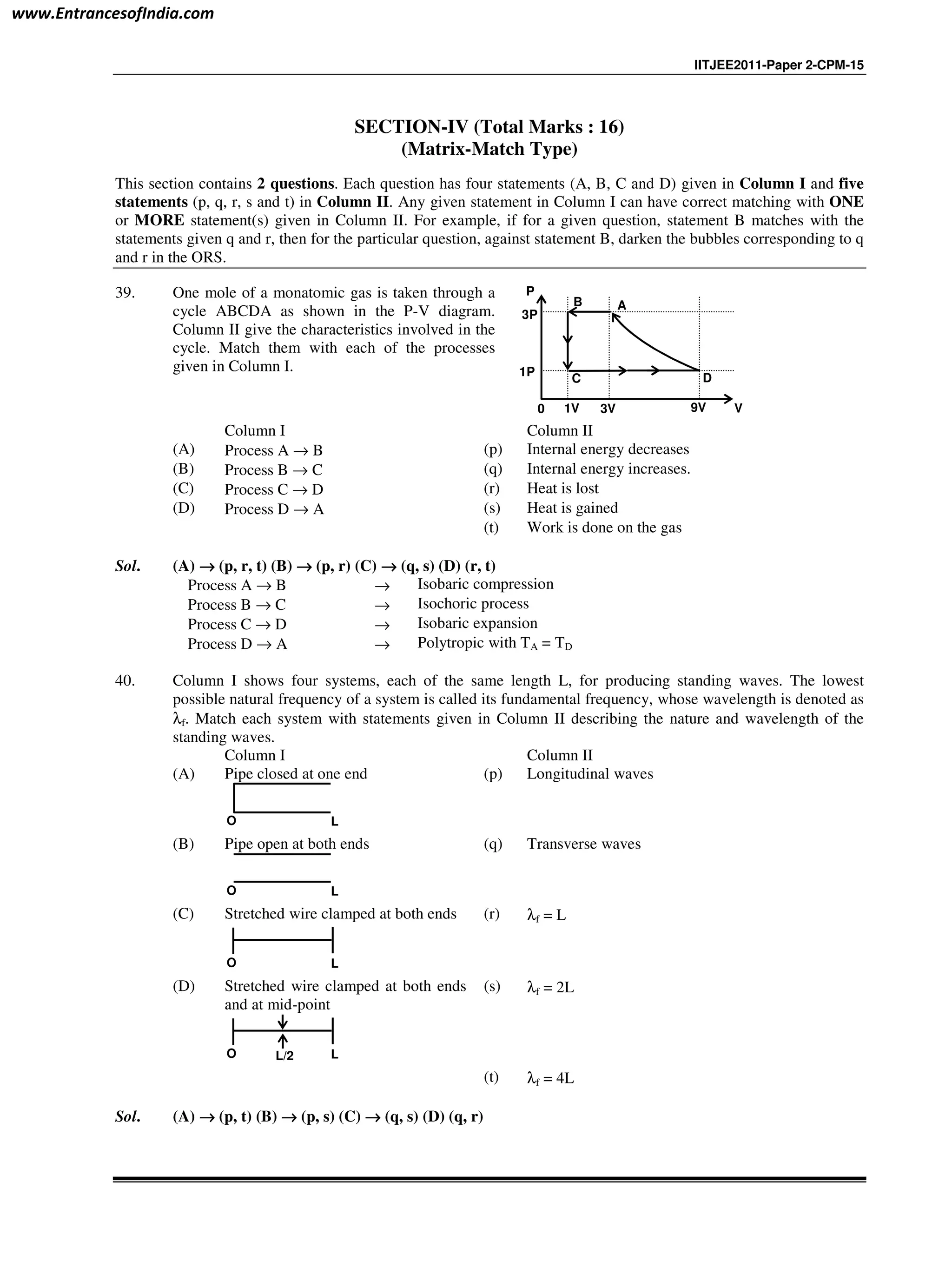 IITJEE2011-Paper 2-CPM-15
SECTION-IV (Total Marks : 16)
(Matrix-Match Type)
This section contains 2 questions. Each question has four statements (A, B, C and D) given in Column I and five
statements (p, q, r, s and t) in Column II. Any given statement in Column I can have correct matching with ONE
or MORE statement(s) given in Column II. For example, if for a given question, statement B matches with the
statements given q and r, then for the particular question, against statement B, darken the bubbles corresponding to q
and r in the ORS.
39. One mole of a monatomic gas is taken through a
cycle ABCDA as shown in the P-V diagram.
Column II give the characteristics involved in the
cycle. Match them with each of the processes
given in Column I.
0 1V 3V 9V V
P
1P
3P
AB
C D
Column I Column II
(A) Process A → B (p) Internal energy decreases
(B) Process B → C (q) Internal energy increases.
(C) Process C → D (r) Heat is lost
(D) Process D → A (s) Heat is gained
(t) Work is done on the gas
Sol. (A) →→→→ (p, r, t) (B) →→→→ (p, r) (C) →→→→ (q, s) (D) (r, t)
Process A → B → Isobaric compression
Process B → C → Isochoric process
Process C → D → Isobaric expansion
Process D → A → Polytropic with TA = TD
40. Column I shows four systems, each of the same length L, for producing standing waves. The lowest
possible natural frequency of a system is called its fundamental frequency, whose wavelength is denoted as
λf. Match each system with statements given in Column II describing the nature and wavelength of the
standing waves.
Column I Column II
(A) Pipe closed at one end (p) Longitudinal waves
O L
(B) Pipe open at both ends (q) Transverse waves
O L
(C) Stretched wire clamped at both ends (r) λf = L
O L
(D) Stretched wire clamped at both ends
and at mid-point
(s) λf = 2L
O LL/2
(t) λf = 4L
Sol. (A) →→→→ (p, t) (B) →→→→ (p, s) (C) →→→→ (q, s) (D) (q, r)
www.EntrancesofIndia.com
 