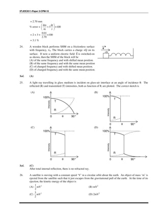 IITJEE2011-Paper 2-CPM-10
= 2.70 mm
% error =
dm dr
3 100
m r
 
+ × 
 
= 2 + 3 ×
0.01
100
2.70
×
= 3.1 %
24. A wooden block performs SHM on a frictionless surface
with frequency, ν0. The block carries a charge +Q on its
surface. If now a uniform electric field E
?
is switched-on
as shown, then the SHM of the block will be
+Q
E
(A) of the same frequency and with shifted mean position.
(B) of the same frequency and with the same mean position
(C) of changed frequency and with shifted mean position.
(D) of changed frequency and with the same mean position.
Sol. (A)
25. A light ray travelling in glass medium is incident on glass-air interface at an angle of incidence θ. The
reflected (R) and transmitted (T) intensities, both as function of θ, are plotted. The correct sketch is
(A)
T
Intensity
R
0 90°
100%
θ
(B)
Intensity
R
0 90°
100%
θ
T
(C)
Intensity
R
0 90°
100%
θ
T
(D)
Intensity
R
0 90°
100%
θ
T
Sol. (C)
After total internal reflection, there is no refracted ray.
26. A satellite is moving with a constant speed ‘V’ in a circular orbit about the earth. An object of mass ‘m’ is
ejected from the satellite such that it just escapes from the gravitational pull of the earth. At the time of its
ejection, the kinetic energy of the object is
(A) 21
mV
2
(B) mV2
(C) 23
mV
2
(D) 2mV2
 