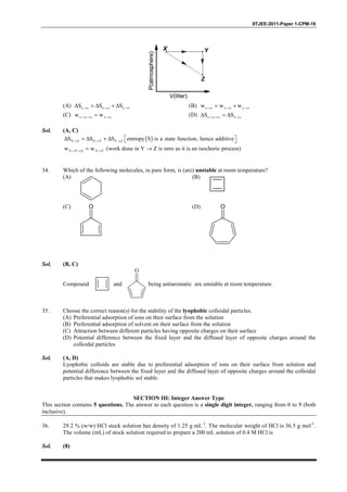 IITJEE-2011-Paper 1-CPM-16
P(atmosphere)
V(liter)
Z
X Y
(A) x z x y y zS S S→ → →∆ = ∆ + ∆ (B) x z x y y zw w w→ → →= +
(C) x y z x yw w→ → →= (D) x y z x yS S→ → →∆ = ∆
Sol. (A, C)
( )X Z X Y Y ZS S S entropy S is a state function, hence additive→ → →∆ = ∆ + ∆   
X Y Z X Yw w→ → →= (work done in Y → Z is zero as it is an isochoric process)
34. Which of the following molecules, in pure form, is (are) unstable at room temperature?
(A) (B)
(C) O (D) O
Sol. (B, C)
Compound and
O
being antiaromatic are unstable at room temperature.
35. Choose the correct reason(s) for the stability of the lyophobic colloidal particles.
(A) Preferential adsorption of ions on their surface from the solution
(B) Preferential adsorption of solvent on their surface from the solution
(C) Attraction between different particles having opposite charges on their surface
(D) Potential difference between the fixed layer and the diffused layer of opposite charges around the
colloidal particles
Sol. (A, D)
Lyophobic colloids are stable due to preferential adsorption of ions on their surface from solution and
potential difference between the fixed layer and the diffused layer of opposite charges around the colloidal
particles that makes lyophobic sol stable.
SECTION III: Integer Answer Type
This section contains 5 questions. The answer to each question is a single digit integer, ranging from 0 to 9 (both
inclusive).
36. 29.2 % (w/w) HCl stock solution has density of 1.25 g mL-1
. The molecular weight of HCl is 36.5 g mol-1
.
The volume (mL) of stock solution required to prepare a 200 mL solution of 0.4 M HCl is
Sol. (8)
 