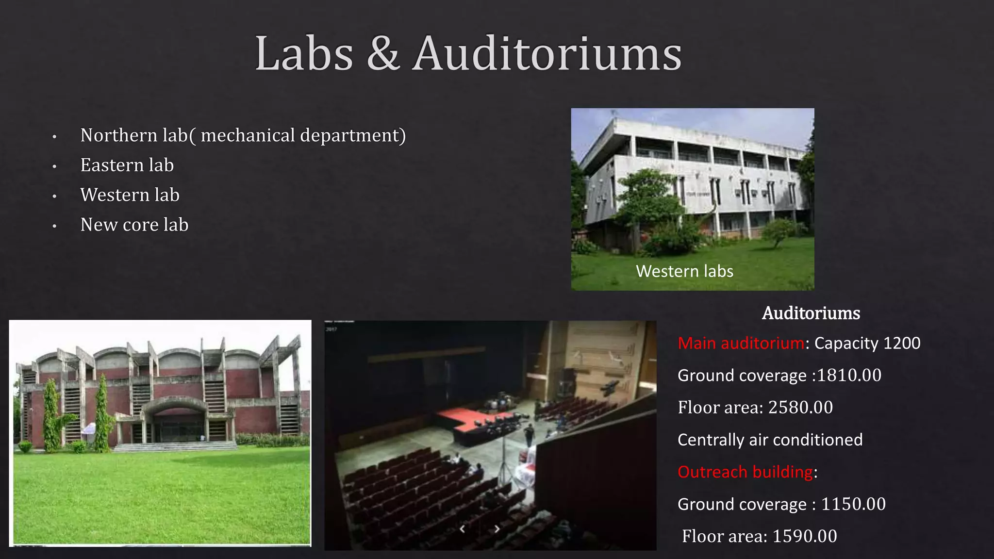Western labs
Auditoriums
Main auditorium: Capacity 1200
Ground coverage :1810.00
Floor area: 2580.00
Centrally air conditioned
Outreach building:
Ground coverage : 1150.00
Floor area: 1590.00
 