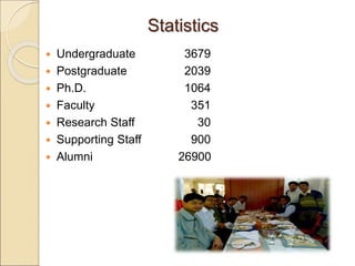 Statistics
 Undergraduate 3679
 Postgraduate 2039
 Ph.D. 1064
 Faculty 351
 Research Staff 30
 Supporting Staff 900
 Alumni 26900
 