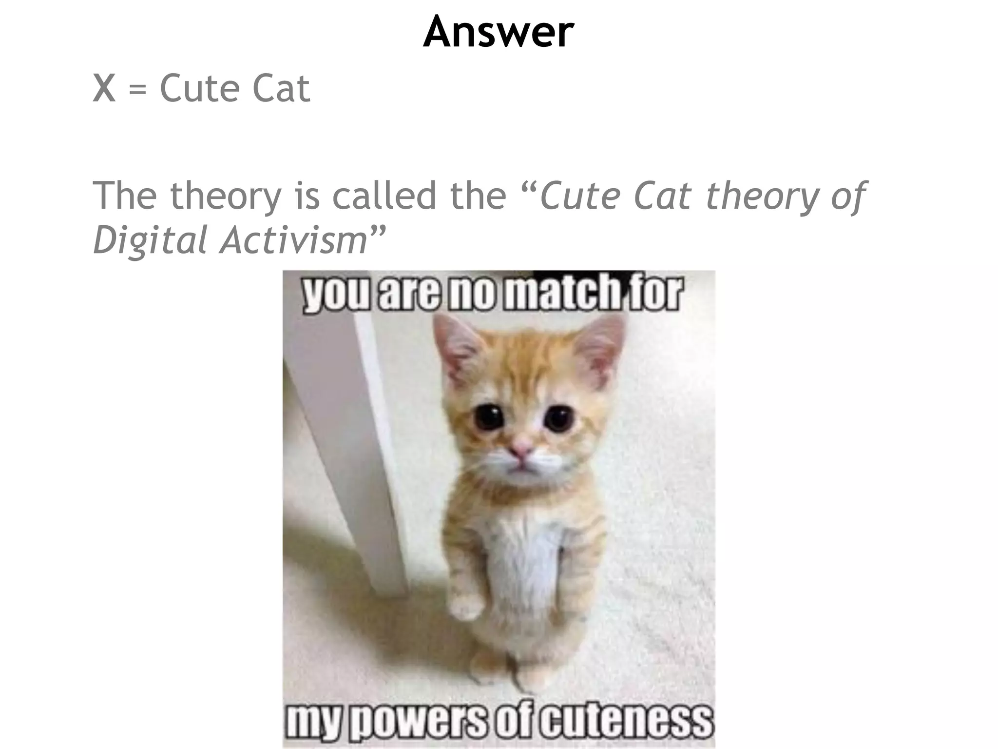 Answer
X = Cute Cat
The theory is called the “Cute Cat theory of
Digital Activism”
 
