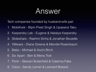 Answer
Tech companies founded by husband-wife pair
1. MobiKwik - Bipin Preet Singh & Upasana Taku
2. Kaspersky Lab - Eugene & Natalya Kaspersky
3. Slideshare - Rashmi Sinha & Jonathan Boutelle
4. VMware - Diane Greene & Mendel Rosenbaum
5. Bebo - Michael & Xochi Birch
6. Six Apart - Ben & Mena Trott
7. Flickr - Stewart Butterﬁeld & Caterina Fake
8. Cisco - Sandy Lerner & Leonard Bosack
 