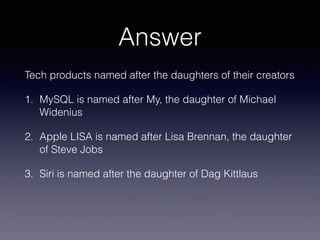 Answer
Tech products named after the daughters of their creators
1. MySQL is named after My, the daughter of Michael
Widenius
2. Apple LISA is named after Lisa Brennan, the daughter
of Steve Jobs
3. Siri is named after the daughter of Dag Kittlaus
 