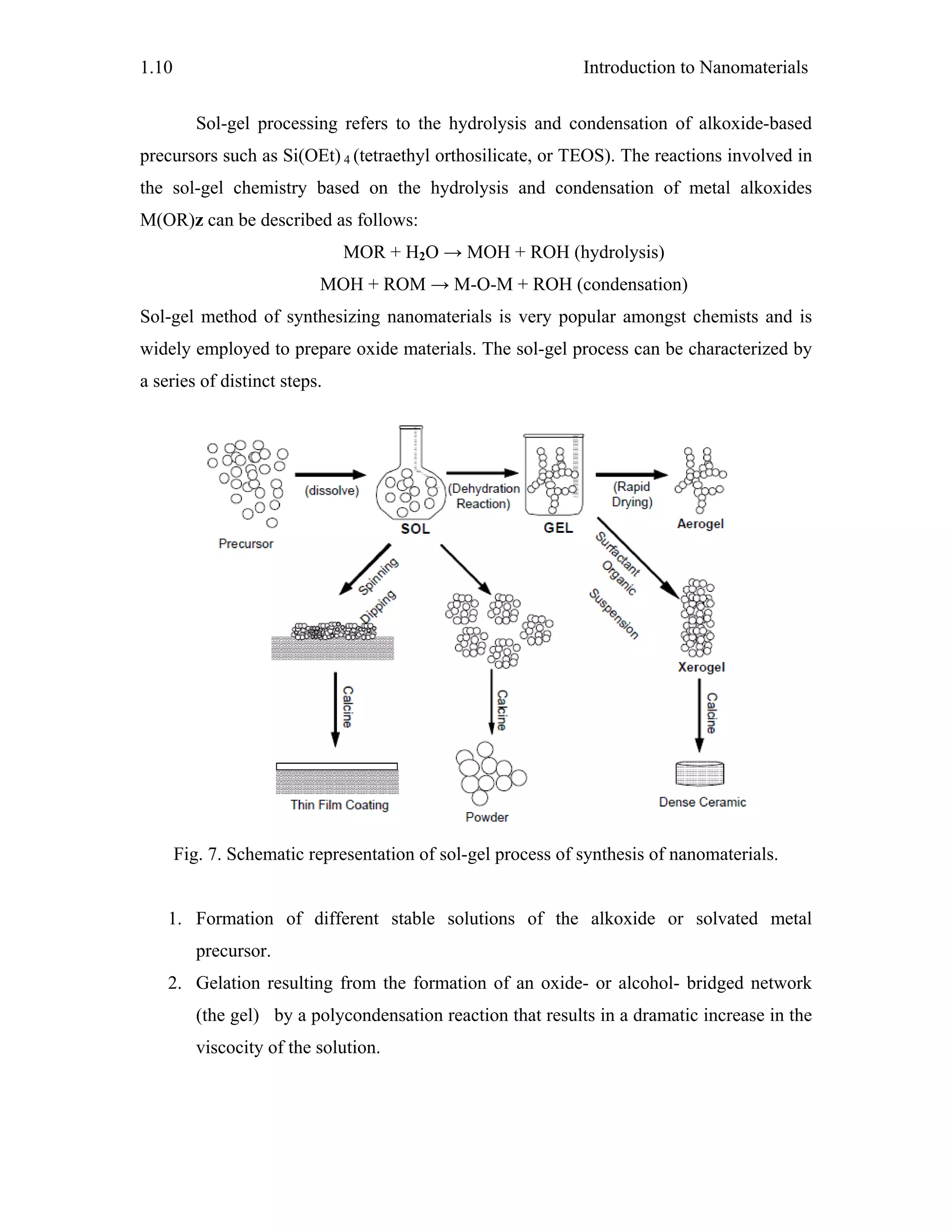 Introduction to Nanomaterials1.10
Sol-gel processing refers to the hydrolysis and condensation of alkoxide-based
precursors such as Si(OEt) 4 (tetraethyl orthosilicate, or TEOS). The reactions involved in
the sol-gel chemistry based on the hydrolysis and condensation of metal alkoxides
M(OR)z can be described as follows:
MOR + H2O → MOH + ROH (hydrolysis)
MOH + ROM → M-O-M + ROH (condensation)
Sol-gel method of synthesizing nanomaterials is very popular amongst chemists and is
widely employed to prepare oxide materials. The sol-gel process can be characterized by
a series of distinct steps.
Fig. 7. Schematic representation of sol-gel process of synthesis of nanomaterials.
1. Formation of different stable solutions of the alkoxide or solvated metal
precursor.
2. Gelation resulting from the formation of an oxide- or alcohol- bridged network
(the gel) by a polycondensation reaction that results in a dramatic increase in the
viscocity of the solution.
 