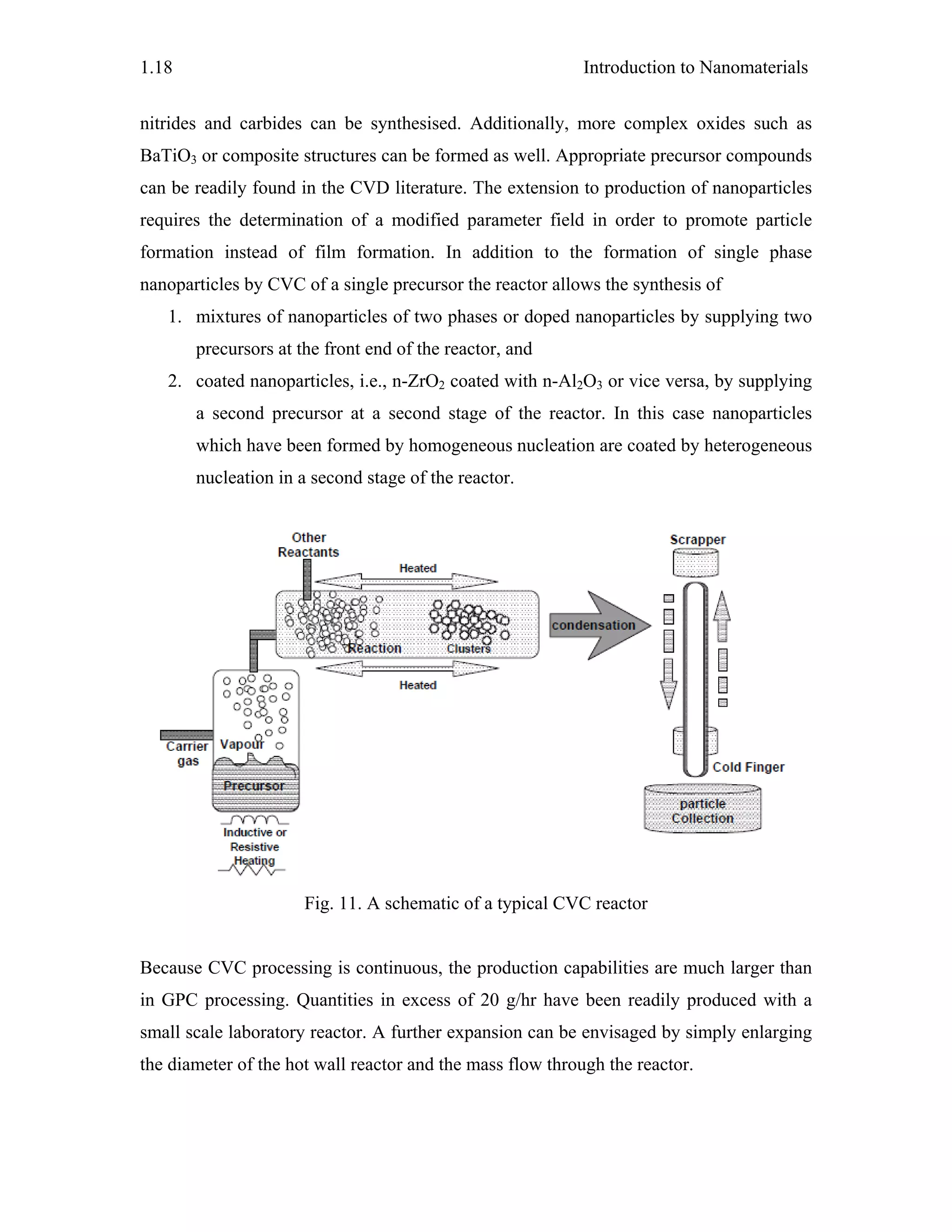 Introduction to Nanomaterials1.18
nitrides and carbides can be synthesised. Additionally, more complex oxides such as
BaTiO3 or composite structures can be formed as well. Appropriate precursor compounds
can be readily found in the CVD literature. The extension to production of nanoparticles
requires the determination of a modified parameter field in order to promote particle
formation instead of film formation. In addition to the formation of single phase
nanoparticles by CVC of a single precursor the reactor allows the synthesis of
1. mixtures of nanoparticles of two phases or doped nanoparticles by supplying two
precursors at the front end of the reactor, and
2. coated nanoparticles, i.e., n-ZrO2 coated with n-Al2O3 or vice versa, by supplying
a second precursor at a second stage of the reactor. In this case nanoparticles
which have been formed by homogeneous nucleation are coated by heterogeneous
nucleation in a second stage of the reactor.
Fig. 11. A schematic of a typical CVC reactor
Because CVC processing is continuous, the production capabilities are much larger than
in GPC processing. Quantities in excess of 20 g/hr have been readily produced with a
small scale laboratory reactor. A further expansion can be envisaged by simply enlarging
the diameter of the hot wall reactor and the mass flow through the reactor.
 