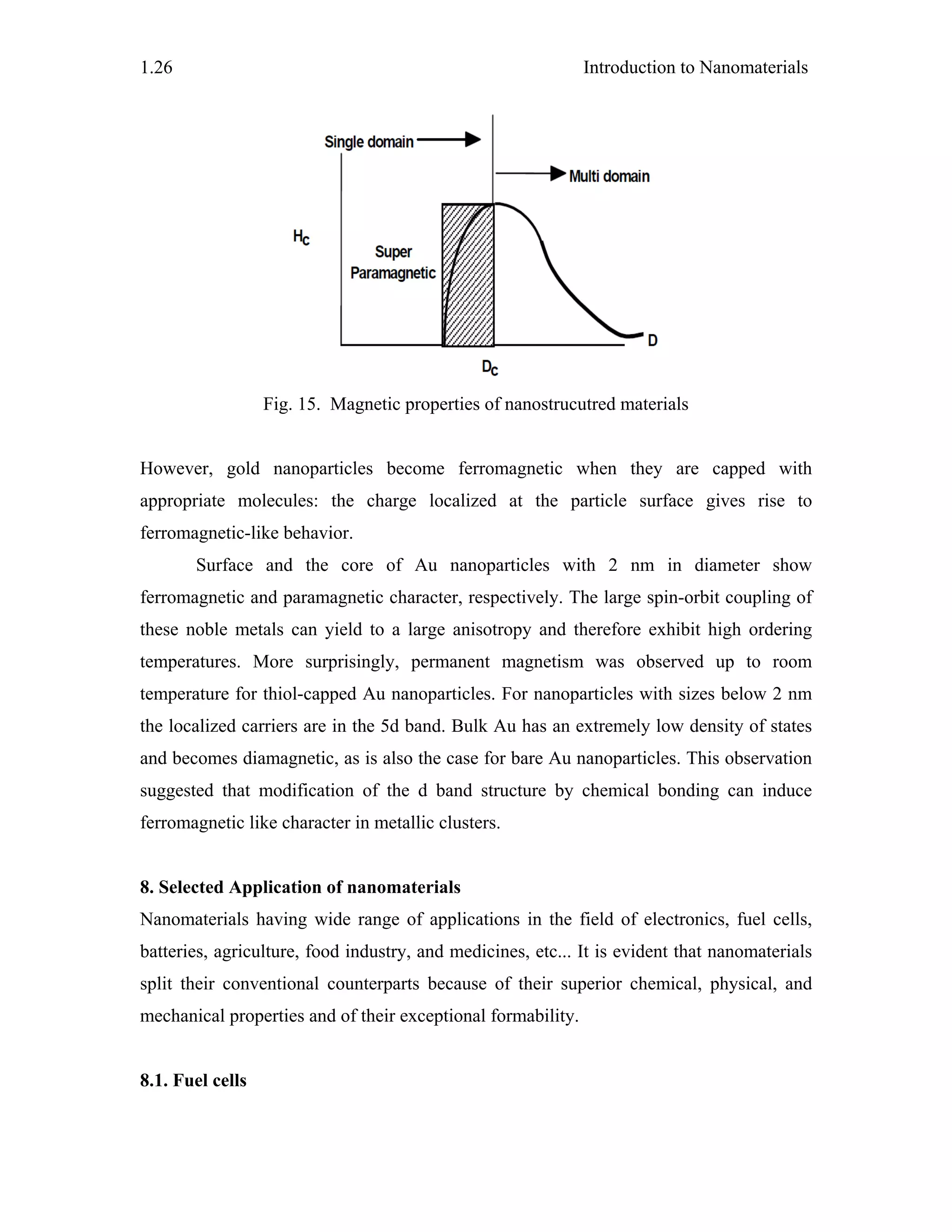 Introduction to Nanomaterials1.26
Fig. 15. Magnetic properties of nanostrucutred materials
However, gold nanoparticles become ferromagnetic when they are capped with
appropriate molecules: the charge localized at the particle surface gives rise to
ferromagnetic-like behavior.
Surface and the core of Au nanoparticles with 2 nm in diameter show
ferromagnetic and paramagnetic character, respectively. The large spin-orbit coupling of
these noble metals can yield to a large anisotropy and therefore exhibit high ordering
temperatures. More surprisingly, permanent magnetism was observed up to room
temperature for thiol-capped Au nanoparticles. For nanoparticles with sizes below 2 nm
the localized carriers are in the 5d band. Bulk Au has an extremely low density of states
and becomes diamagnetic, as is also the case for bare Au nanoparticles. This observation
suggested that modification of the d band structure by chemical bonding can induce
ferromagnetic like character in metallic clusters.
8. Selected Application of nanomaterials
Nanomaterials having wide range of applications in the field of electronics, fuel cells,
batteries, agriculture, food industry, and medicines, etc... It is evident that nanomaterials
split their conventional counterparts because of their superior chemical, physical, and
mechanical properties and of their exceptional formability.
8.1. Fuel cells
 