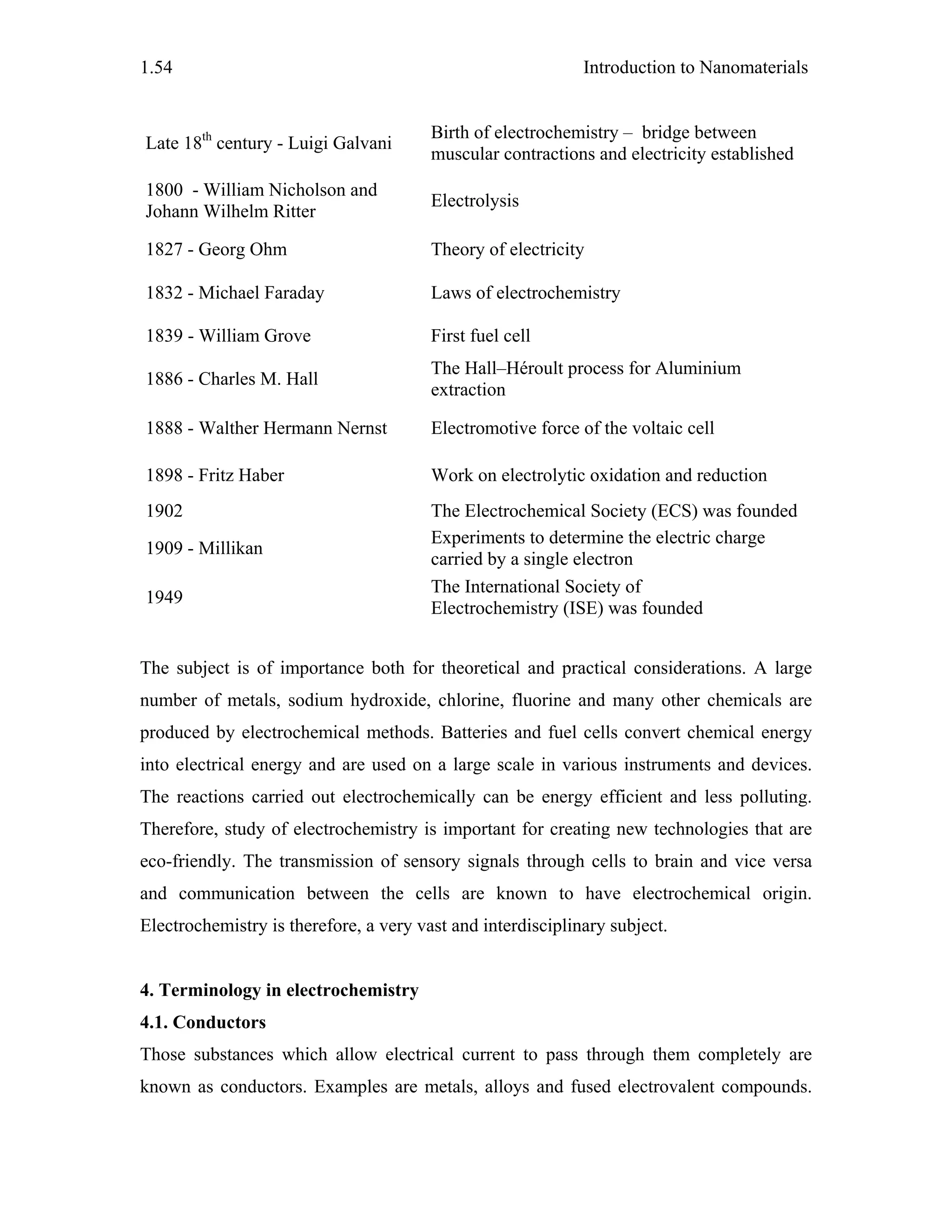 Introduction to Nanomaterials1.54
Late 18th
century - Luigi Galvani
Birth of electrochemistry – bridge between
muscular contractions and electricity established
1800 - William Nicholson and
Johann Wilhelm Ritter
Electrolysis
1827 - Georg Ohm Theory of electricity
1832 - Michael Faraday Laws of electrochemistry
1839 - William Grove First fuel cell
1886 - Charles M. Hall
The Hall–Héroult process for Aluminium
extraction
1888 - Walther Hermann Nernst Electromotive force of the voltaic cell
1898 - Fritz Haber Work on electrolytic oxidation and reduction
1902 The Electrochemical Society (ECS) was founded
1909 - Millikan
Experiments to determine the electric charge
carried by a single electron
1949
The International Society of
Electrochemistry (ISE) was founded
The subject is of importance both for theoretical and practical considerations. A large
number of metals, sodium hydroxide, chlorine, fluorine and many other chemicals are
produced by electrochemical methods. Batteries and fuel cells convert chemical energy
into electrical energy and are used on a large scale in various instruments and devices.
The reactions carried out electrochemically can be energy efficient and less polluting.
Therefore, study of electrochemistry is important for creating new technologies that are
eco-friendly. The transmission of sensory signals through cells to brain and vice versa
and communication between the cells are known to have electrochemical origin.
Electrochemistry is therefore, a very vast and interdisciplinary subject.
4. Terminology in electrochemistry
4.1. Conductors
Those substances which allow electrical current to pass through them completely are
known as conductors. Examples are metals, alloys and fused electrovalent compounds.
 
