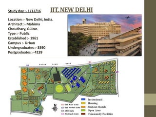 IIT, NEW DELHI
Location :- New Delhi, India.
Architect :- Mahima
Choudhary, Gulzar.
Type :- Public
Established :- 1961
Campus :- Urban
Undergraduates :- 3590
Postgraduates :- 4239
Study day :- 1/12/16
 