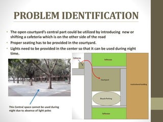PROBLEM IDENTIFICATION
• The open courtyard’s central part could be utilized by introducing new or
shifting a cafeteria which is on the other side of the road
• Proper seating has to be provided in the courtyard.
• Lights need to be provided in the center so that it can be used during night
time.
This Central space cannot be used during
night due to absence of light poles
 