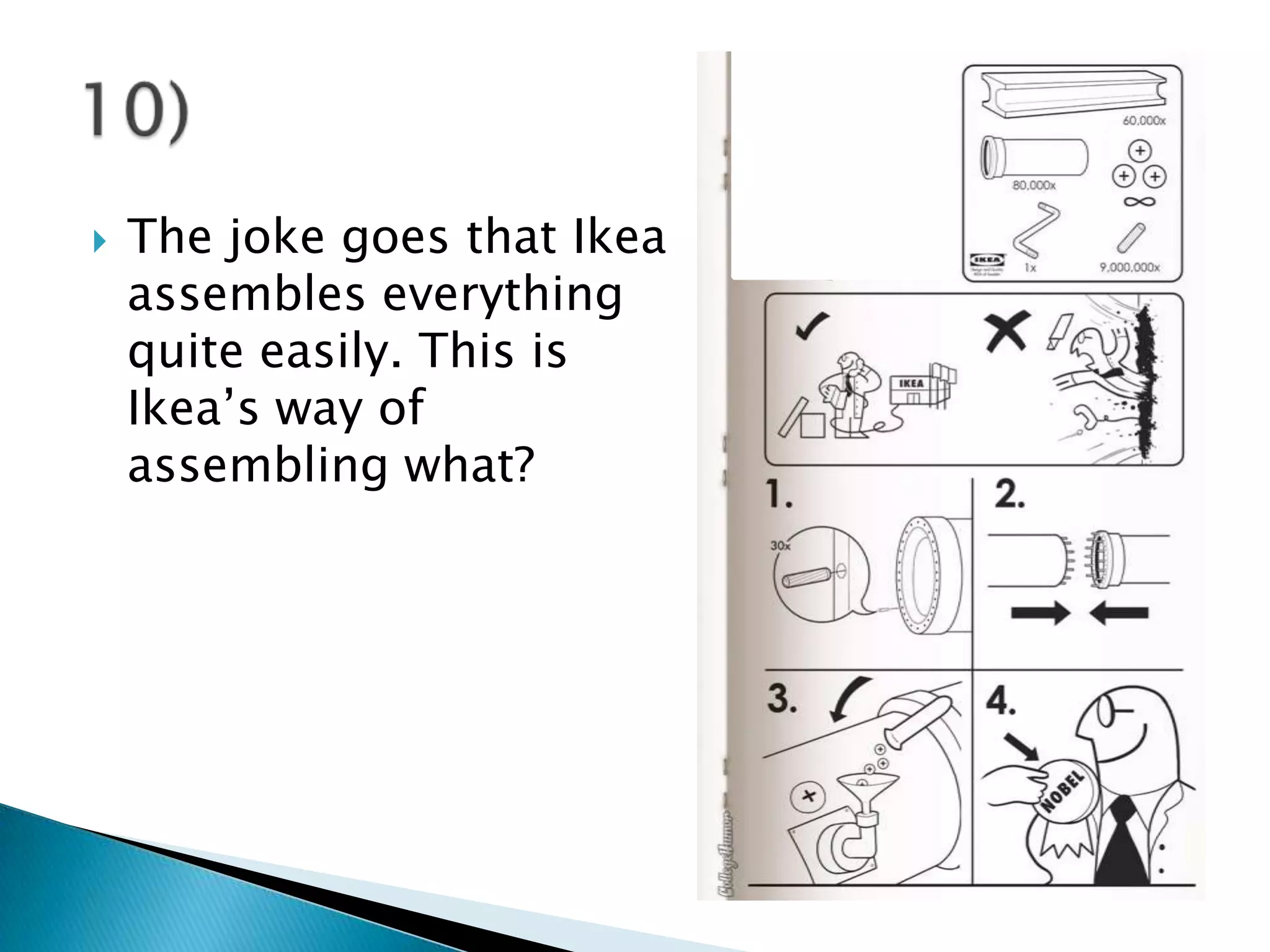    The joke goes that Ikea
    assembles everything
    quite easily. This is
    Ikea’s way of
    assembling what?
 
